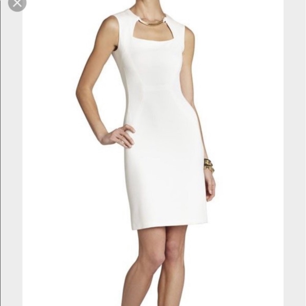 BCBG white sheath dress, gold neckline